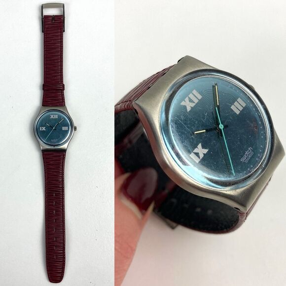 VTG Vintage 1991 SWATCH Gent PLAZA GX121 Unisex Watch Red Leather Band Blue Dial - Picture 1 of 8